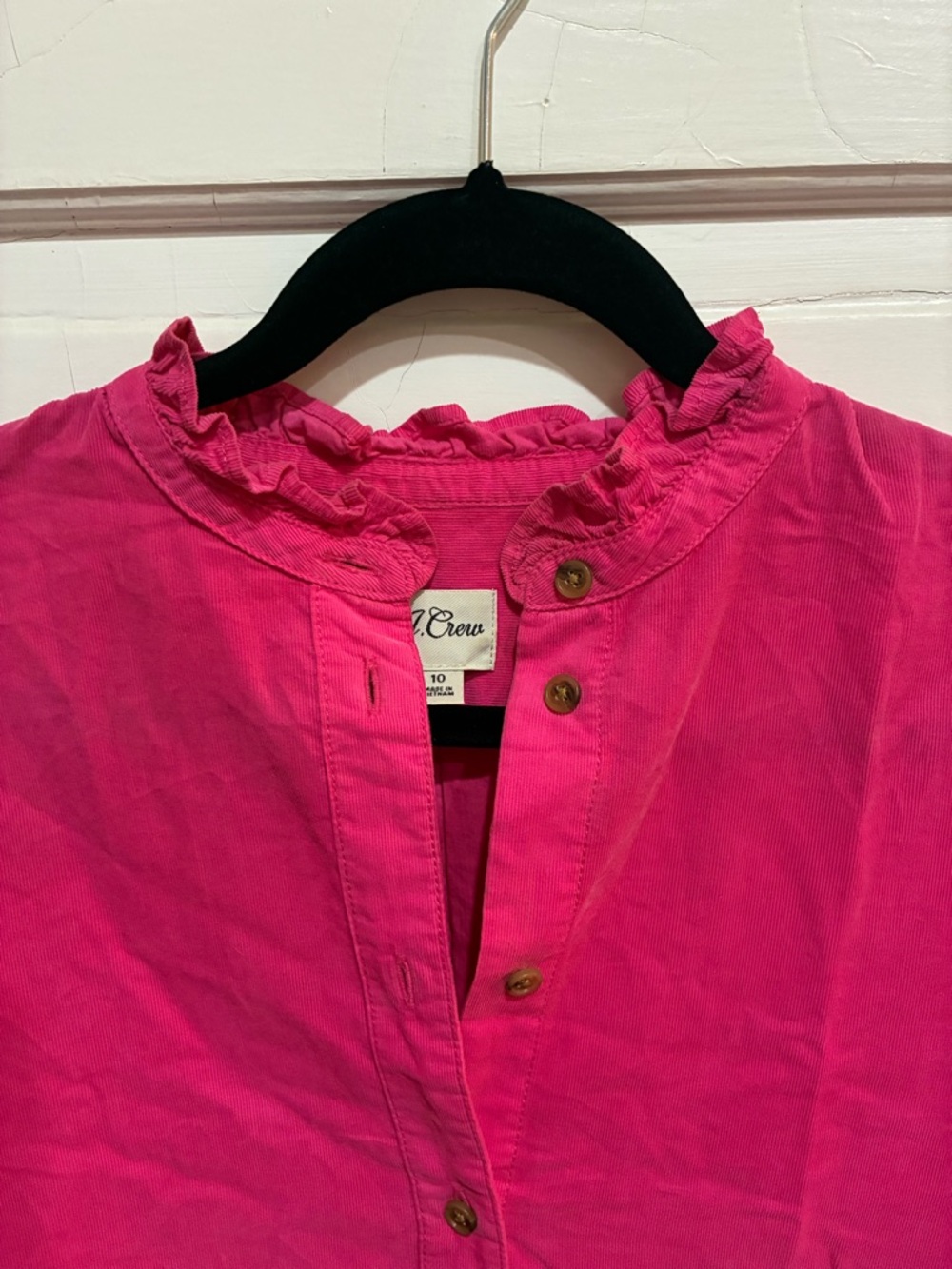 J CREW pink corduroy shirt with mandarin frill collar.